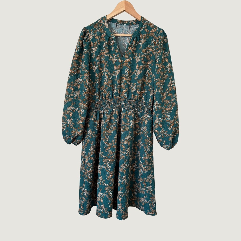 Floral Smocked Waist V-Neck Midi Dress boho chic Teal Green Long Sleeve Pockets